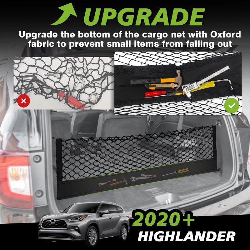 Muslogy Envelope Style Trunk Cargo Net Compatible with 2014-2025 Toyota Highlander Accessories Custom Fit Trunk Organizer Upgraded Mesh Storage Luggage Net with Metal Hooks - Image 3